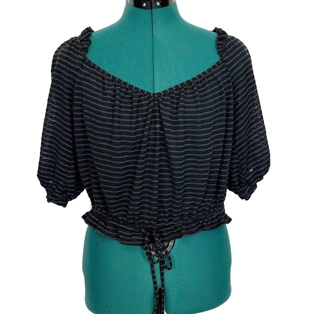 Free People Peasant Blouse Striped Off Shoulder Medium Black Blue Boho Crop Top‎